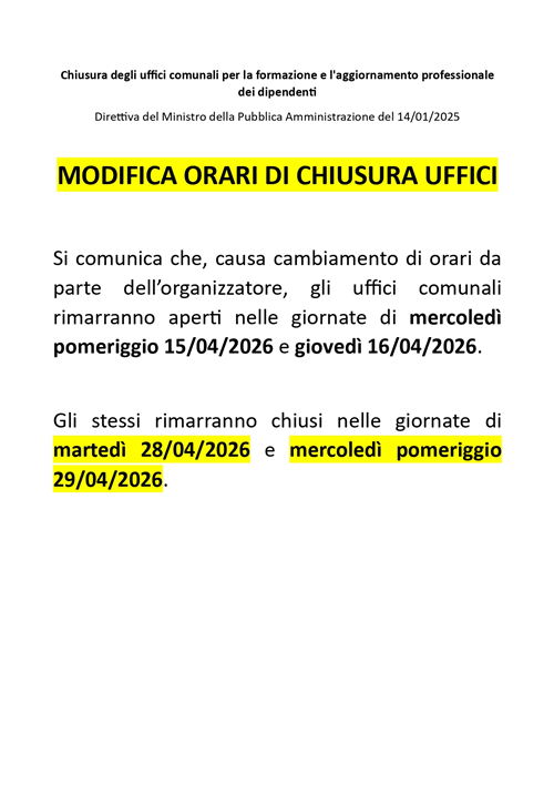 Chiusura degli uffici comunali per la formazione e l'aggiornamento professionale dei dipendenti