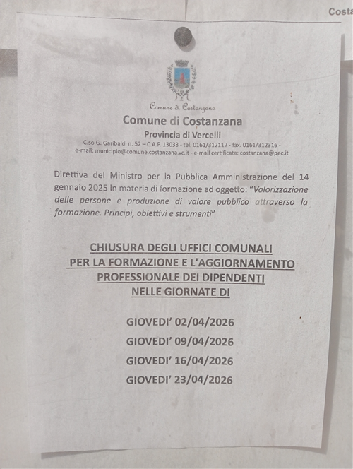 Chiusura degli uffici comunali per la formazione e l'aggiornamento professionale dei dipendenti